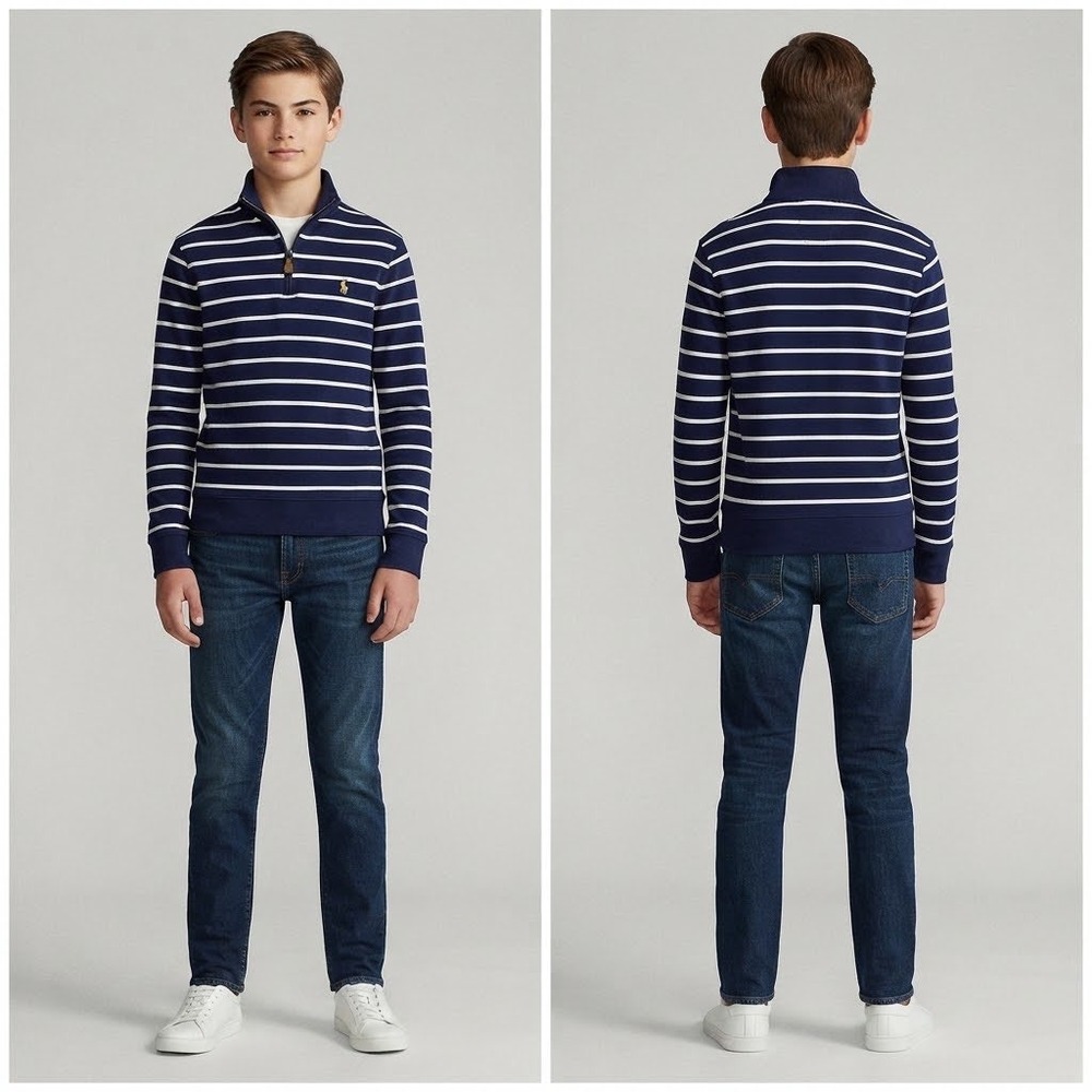 Polo Ralph Lauren Kids Navy Blue White Striped Quarter Zip Pullover Large 14-16